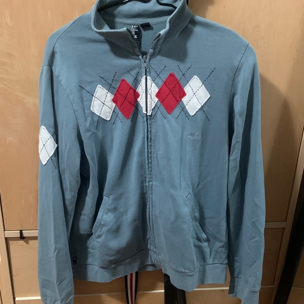 Quiksilver Blue Zip Up Sweater with Red and White Accents